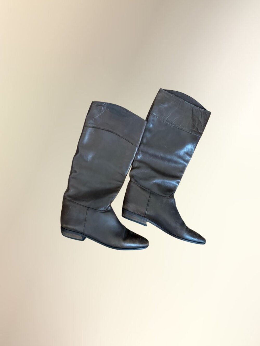 Vintage Genuine Leather Brown Flat Pull On Knee High Riding Boots Women's 9